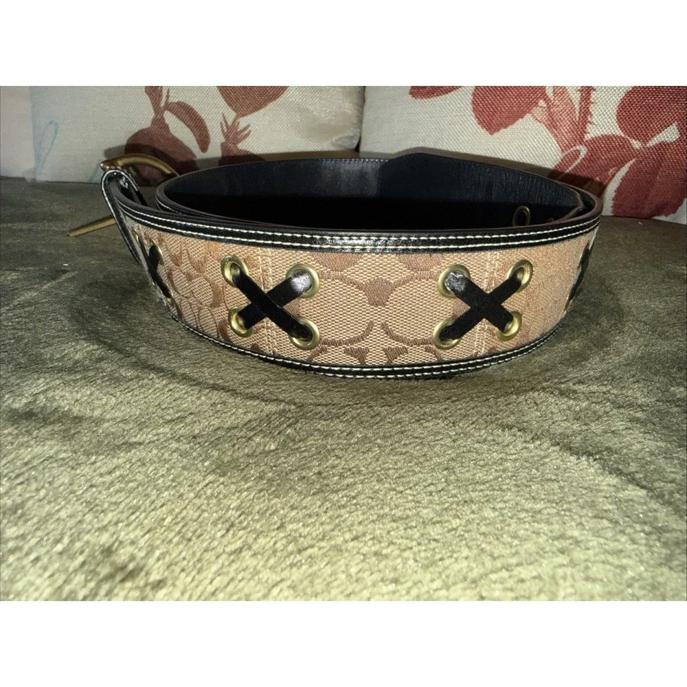Coach Monogram Canvas and Leather Wide Boho Western Belt in Tan and Brown Sz L